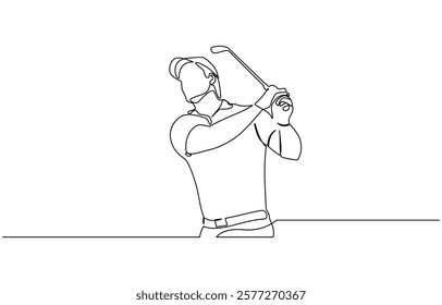 Continuous line drawing of young man playing golf, A single line drawing of a sporty young golfer hitting the ball using a golf club vector graphic illustration.