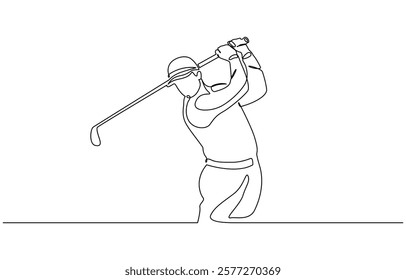 Continuous line drawing of young man playing golf, A single line drawing of a sporty young golfer hitting the ball using a golf club vector graphic illustration.