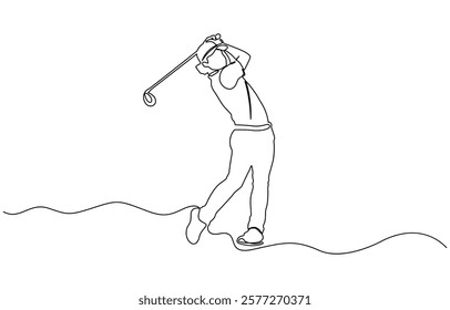 Continuous line drawing of young man playing golf, A single line drawing of a sporty young golfer hitting the ball using a golf club vector graphic illustration.