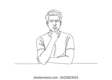 Continuous Line Drawing of a Young Man in Thought – Contemplative Portrait