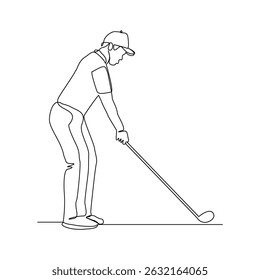 Continuous line drawing of young man playing golf. Single one line art concept of professional golfer athlete holding stick to hit ball. Vector illustration editable stroke sketch