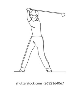 Desenho de linha contínua do jovem jogando golfe. Conceito de arte de uma linha única de atleta de golfista profissional segurando o pau para bater bola. Esboço de traçado editável para ilustração vetorial