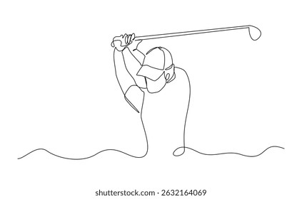 Desenho de linha contínua do jovem jogando golfe. Conceito de arte de uma linha única de atleta de golfista profissional segurando o pau para bater bola. Esboço de traçado editável para ilustração vetorial