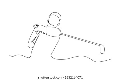 Desenho de linha contínua do jovem jogando golfe. Conceito de arte de uma linha única de atleta de golfista profissional segurando o pau para bater bola. Esboço de traçado editável para ilustração vetorial