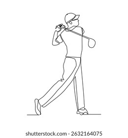 Continuous line drawing of young man playing golf. Single one line art concept of professional golfer athlete holding stick to hit ball. Vector illustration editable stroke sketch