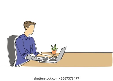 Continuous line drawing of a young man with a bionic arm working on a laptop, symbolizing assistive technology in daily life, health concept, and innovation for World Day for Assistive Technology.