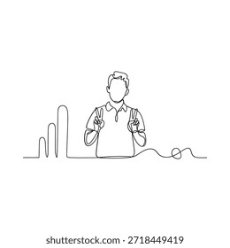 Continuous line drawing of a young man making a victory sign