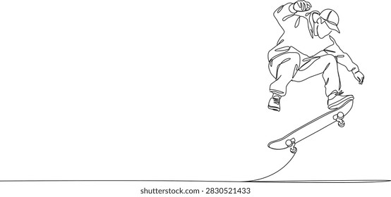 continuous line drawing of young man performing ollie jump on skateboard, line art vector illustration