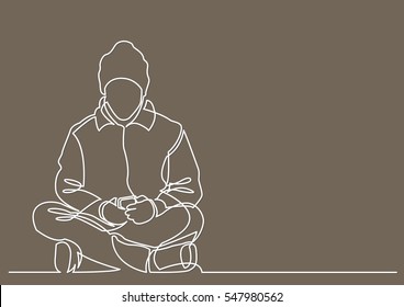 continuous line drawing of young man sitting with mobile phone