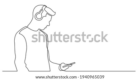 continuous line drawing of young man holding phone listening music in headphones