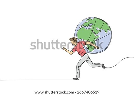 Continuous line drawing of a young man running with the globe carried on his back, designed for Global Running Day to highlight health concept, strength, stamina, and international unity.