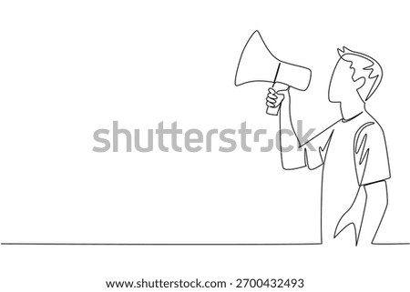Continuous line drawing of a young man with a megaphone announcing civic participation, an international event concept themed for the International Day of Democracy and awareness campaigns