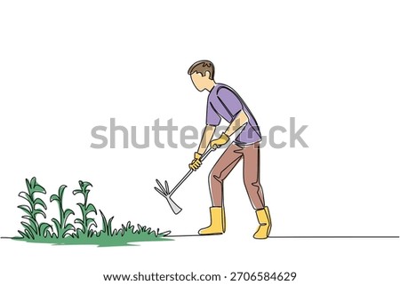 Continuous line drawing of a young man in gloves and boots, actively weeding a garden bed with a small hoe, symbolizing diligent garden care and maintenance. National Weed Your Garden Day event.