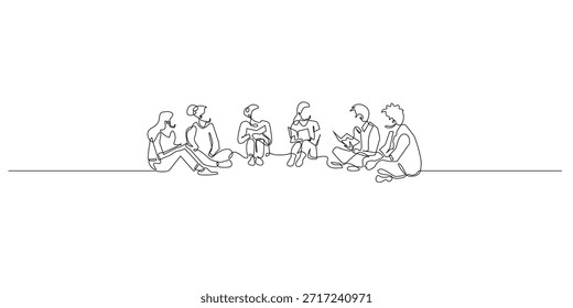 Desenho em linha contínua de jovens do sexo masculino e feminino sentados juntos em um círculo lendo livros, simbolizando o aprendizado de discussão e conhecimento compartilhado. Ilustração de linha única adequada para a comunidade educacional e temas de trabalho em equipe.
