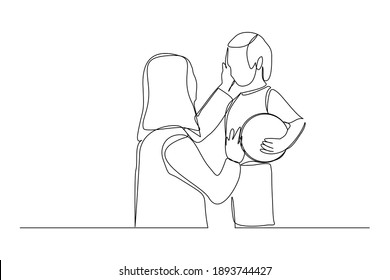 Continuous line drawing of young mother giving some wise advice talk to his child. Happy family parenting concept. Trendy single one line draw design graphic vector illustration