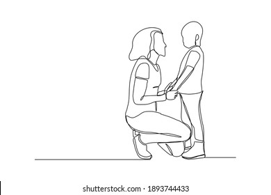Continuous line drawing of young mother giving some wise advice talk to his child. Happy family parenting concept. Trendy single one line draw design graphic vector illustration