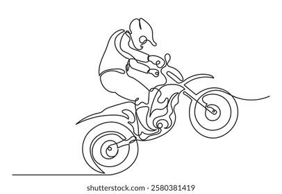 Continuous line drawing of a young motocross rider on a bike captures the extreme sports' thrill. line art young motocross rider racing a motocross. Motorcycle vector isolated on white background.