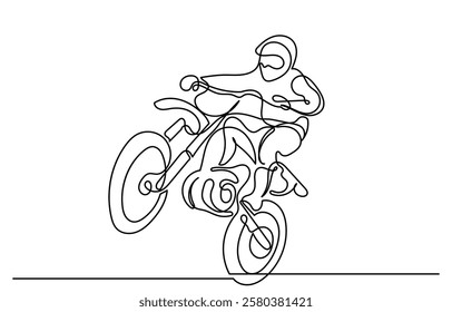 Continuous line drawing of a young motocross rider on a bike captures the extreme sports' thrill. line art young motocross rider racing a motocross. Motorcycle vector isolated on white background.