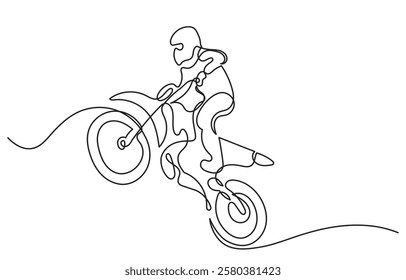 Continuous line drawing of a young motocross rider on a bike captures the extreme sports' thrill. line art young motocross rider racing a motocross. Motorcycle vector isolated on white background.