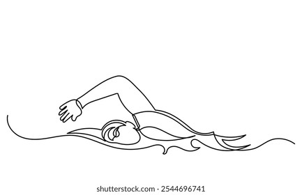 Continuous line drawing of young muscular man Swimmer performing butterfly stroke.line art swimmer athlete concept vector illustration isolated on a white background.