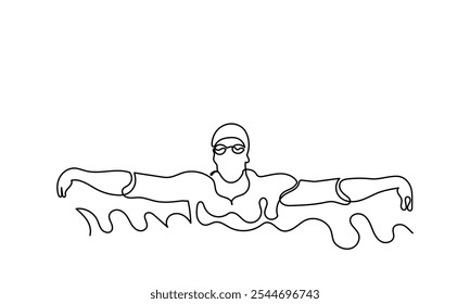 Continuous line drawing of young muscular man Swimmer performing butterfly stroke.line art swimmer athlete concept vector illustration isolated on a white background.