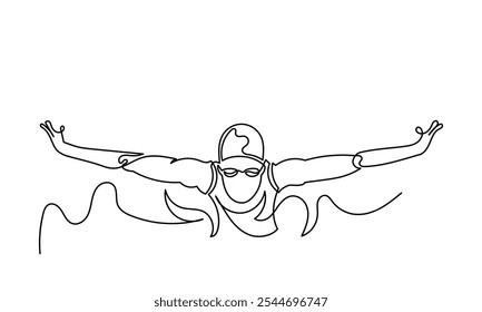 Kontinuierliche Linienzeichnung des jungen muskulösen Mannes Swimmer, der Schmetterlingsschlag ausführt.Linie Kunst Schwimmer Athlet Konzept Vektorgrafik einzeln auf weißem Hintergrund.