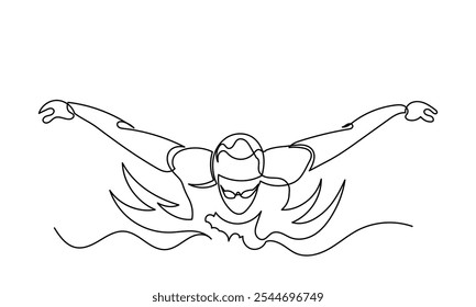 Continuous line drawing of young muscular man Swimmer performing butterfly stroke.line art swimmer athlete concept vector illustration isolated on a white background.