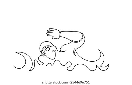 Continuous line drawing of young muscular man Swimmer performing butterfly stroke.line art swimmer athlete concept vector illustration isolated on a white background.