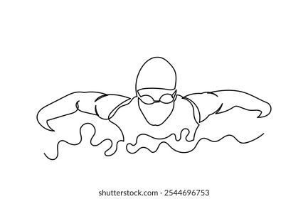 Continuous line drawing of young muscular man Swimmer performing butterfly stroke.line art swimmer athlete concept vector illustration isolated on a white background.