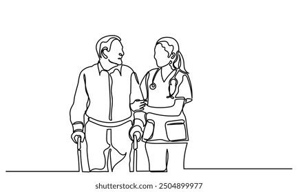 Continuous line drawing of Young nurse helping elderly grandfather. The old man is trying to walk with the assistance of a female doctor. senior care concept
