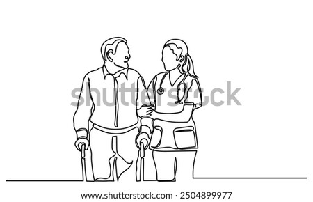 Continuous line drawing of Young nurse helping elderly grandfather. The old man is trying to walk with the assistance of a female doctor. senior care concept
