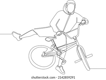 Dibujo continuo en línea de jóven jinete usando bicicleta bmx en la calle. Ilustración vectorial.