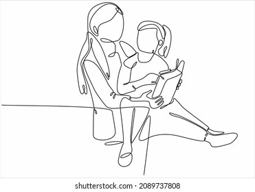 
Continuous line drawing of a young single mother accompanying her daughter to study at home. Happy family parenting concept. Stylish one line drawing design vector illustration