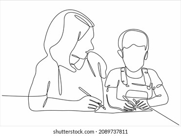 
Continuous line drawing young single mother accompanying her daughter to study at home  Happy family parenting concept  Stylish one line drawing design vector illustration