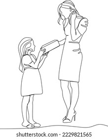 Continuous line drawing of a young single mother accompanying her daughter to study at home. Happy family parenting concept. Stylish one line drawing design vector illustration