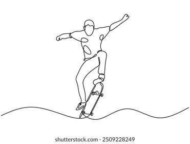 Desenho de linha contínua de um jovem skatista realizando truques em um parque de skate. Representa esportes ao ar livre e prática de skate em um estilo minimalista.