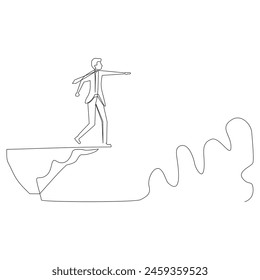 Continuous line drawing of young smart business man standing on the edge of the cliff. Business challenge and freedom concept. Modern line hand drawn graphic vector illustration
