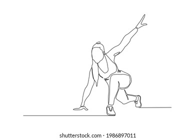 Continuous line drawing of young sportive woman training yoga in sport gymnasium club center. Single one line of Fitness stretching concept. Trendy design graphic vector illustration