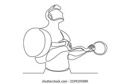 continuous line drawing of young sportive man training lift barbell