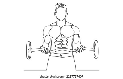 continuous line drawing of young sportive man training lift barbell