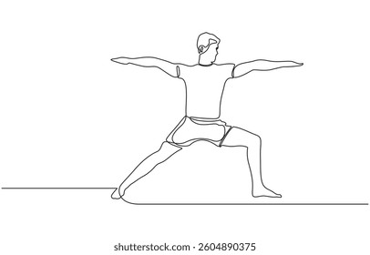 Continuous line drawing of young sportive man training yoga in sport gymnasium club center, Single one line of Fitness stretching concept. Trendy design graphic vector illustration.