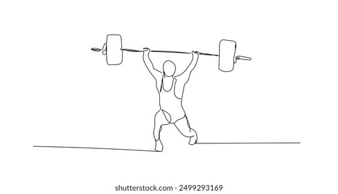 Continuous line drawing of young strong weightlifter man preparing for barbell workout. Weights and Bodybuilder Training. Vector Illustration. One Linear draw Strong. 