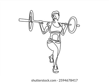 continuous line drawing of young strong weightlifter woman preparing for barbell workout in gym