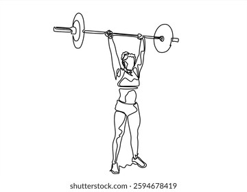 continuous line drawing of young strong weightlifter woman preparing for barbell workout in gym