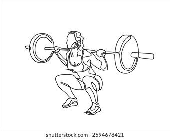 continuous line drawing of young strong weightlifter woman preparing for barbell workout in gym