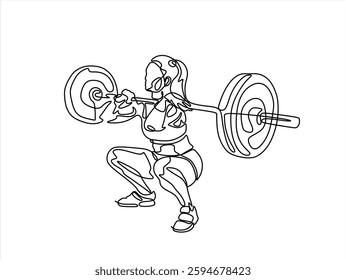 continuous line drawing of young strong weightlifter woman preparing for barbell workout in gym