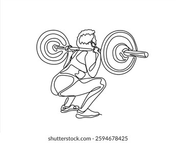 continuous line drawing of young strong weightlifter woman preparing for barbell workout in gym