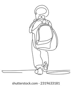 continuous line drawing of a young student kid pupil walking with a backpack. Vector illustration back to school concept