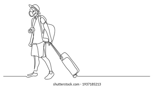 continuous line drawing of young traveler rolling bag on wheels wearing face mask