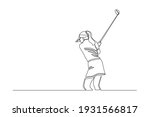 Continuous line drawing of young woman playing golf. Single one line art concept of professional golfer holding stick to hit ball. Vector illustration